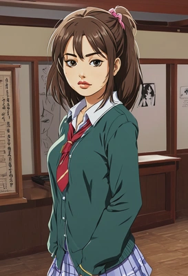 Haruhi Suzumiya standing in a clubroom, anime, big eyes, manga drawing