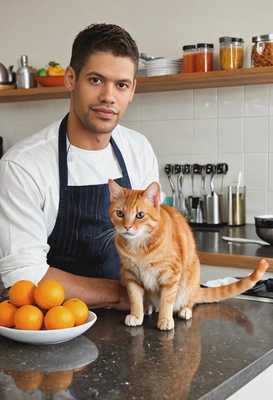 cooking with a cute orange cat sitting on the counter