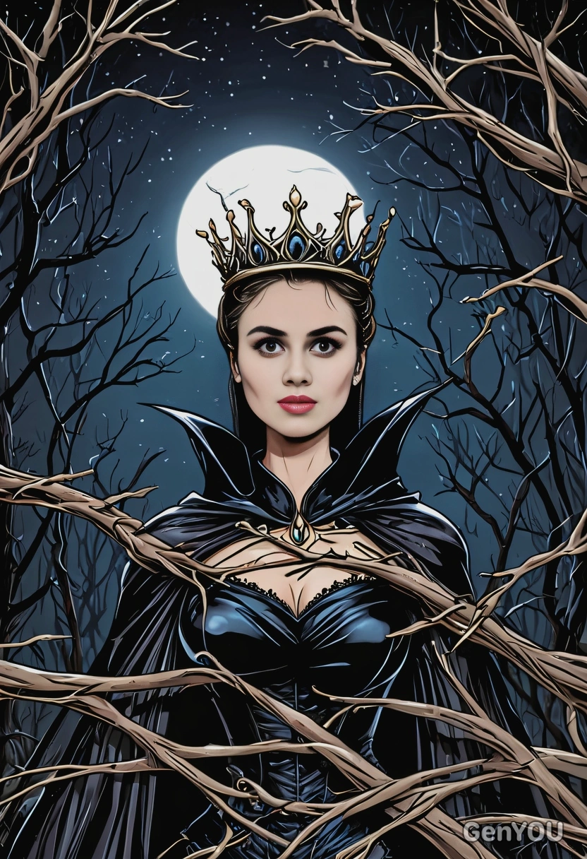as the evil queen from The Sleeping Beauty surrounded by dry thorny branches, dark night, in cartoon style