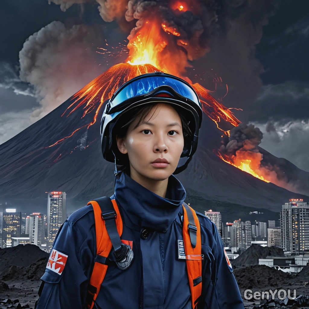 as a survivor, in futuristic military uniform, Japan, volcano eruption behind, showing teeth, burning skyscrapers, lightning in the night sky, looking straight at camera, night sky, vivid colors, high-quality cinematographic style