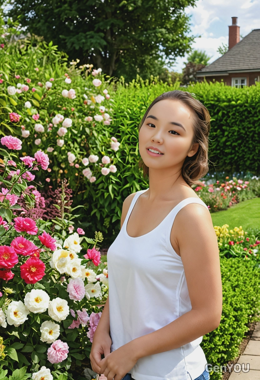 in an elegant summer top admiring a garden full of summer blooms, medium shot photo
