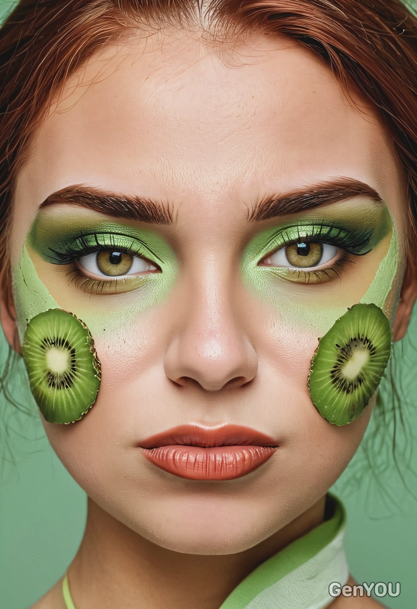 with makeup inspired by kiwi, brown and light-green colors, symmetrical details, professional photoshoot