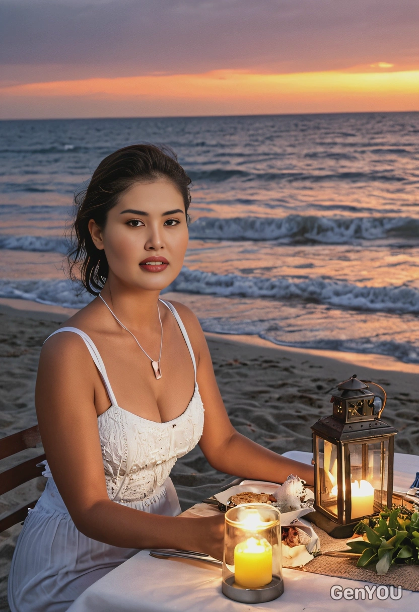 enjoying a candlelit dinner on the beach, with lanterns illuminating their table and the ocean waves softly lapping the shore, mid shot photo