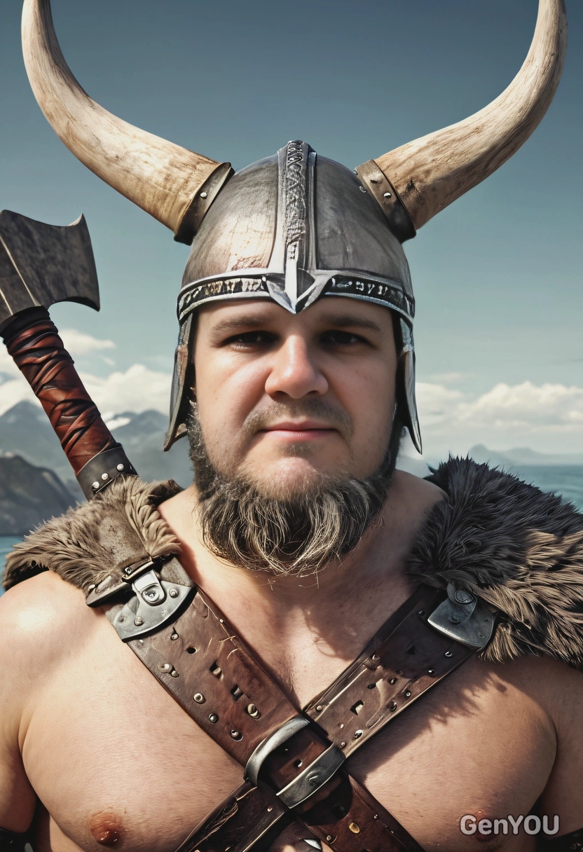 as a fierce Viking warrior, horned helmet and axe, longship on background, looking directly at the camera, symmetrical clothing details, cartoon style, high-quality stylized art