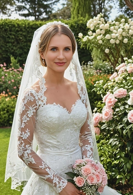 as the bride in a stunning lace wedding gown, with a delicate veil and floral bouquet, standing gracefully in a classic garden setting