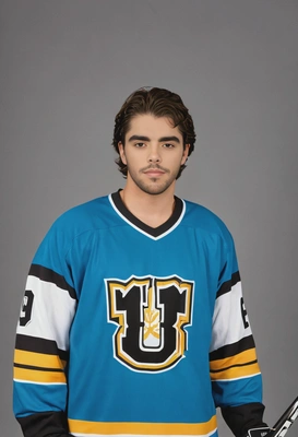 as an 80s ice hockey fan, in a team jersey and holding a hockey stick, with a confident look, against a typical yearbook backdrop