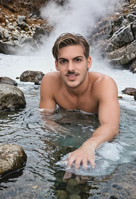 enjoying a natural hot spring, steam rising around him, surrounded by icy rocks
