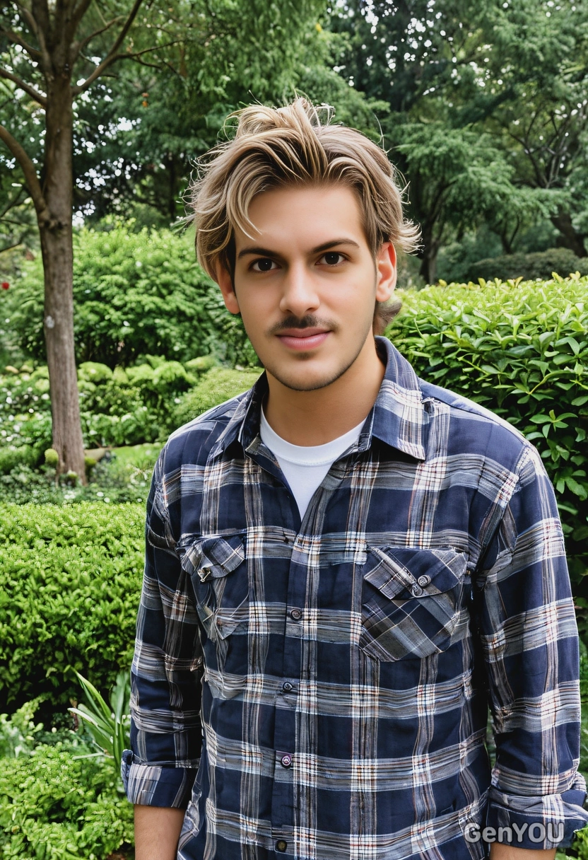 mid-shot, with wavy hair, in a casual flannel shirt, against the greenery of a public garden