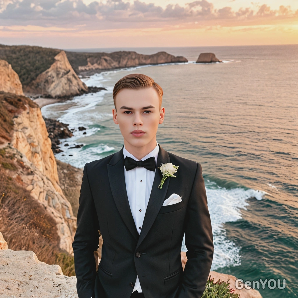 as a groom in a classic black tuxedo with a bow tie, standing on a cliff overlooking the ocean at sunset