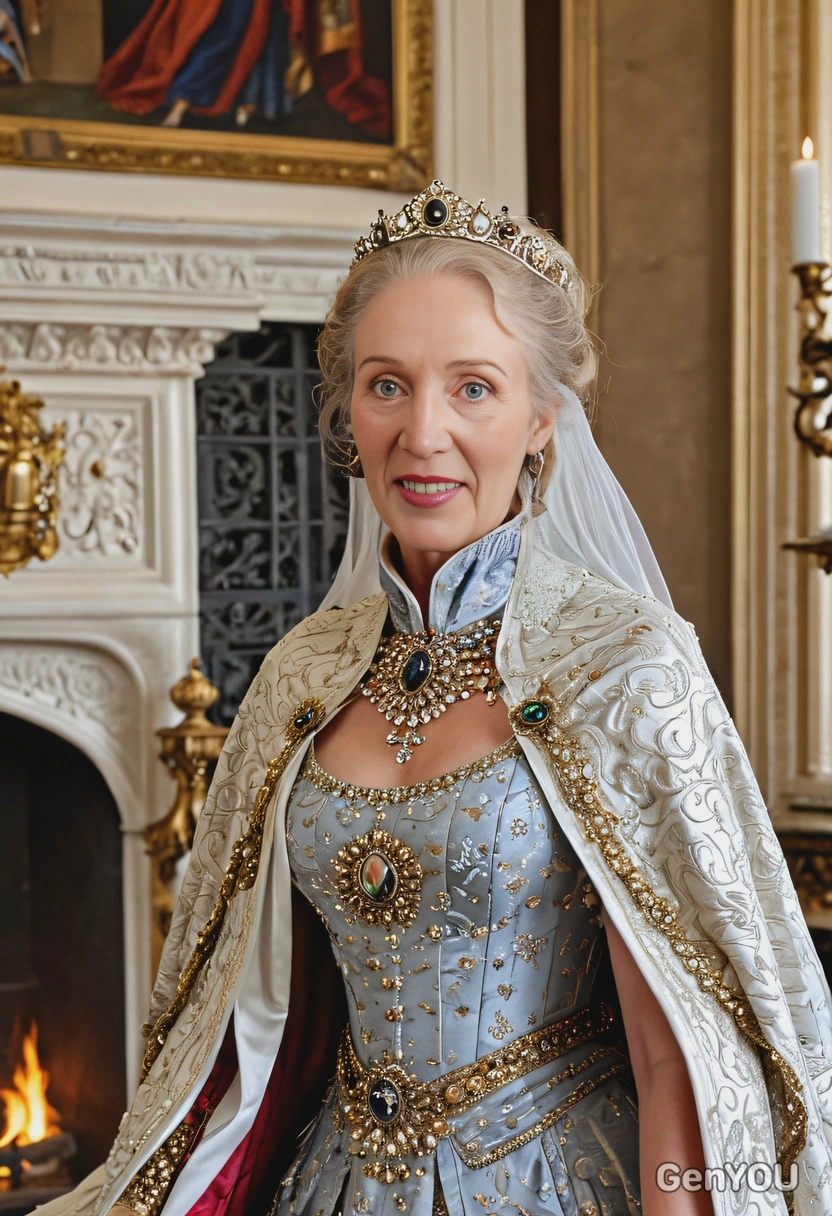 a regal queen in an opulent throne room, standing beside a large fireplace, her royal cape flowing behind her, close up portrait 