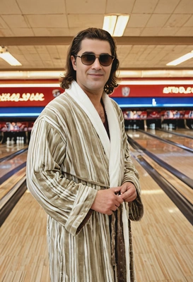 as The Dude from The Big Lebowski, wearing a bathrobe and sunglasses, standing in a retro bowling alley