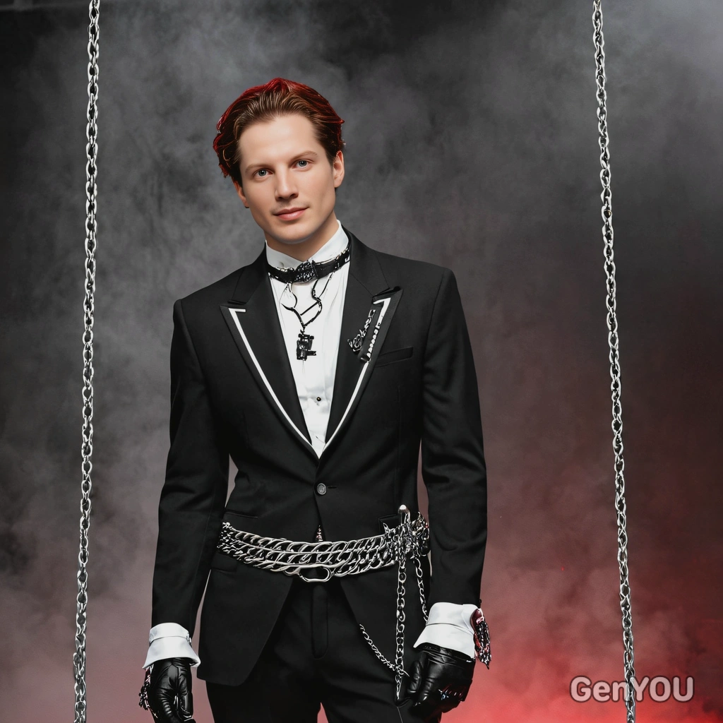 as Taemin from SHINee's Criminal, dressed in a sleek black and white suit with chains, standing in a dark, fog-filled room with red lighting