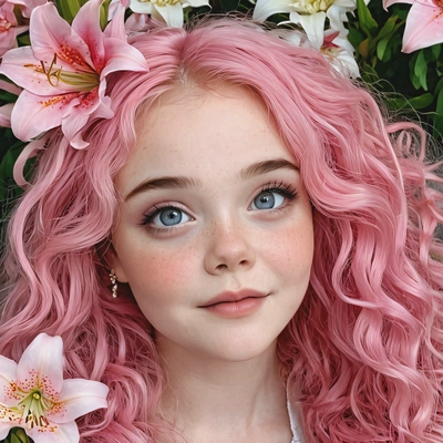 dreamy fantasy style, big eyes, long curly pink hair, lily flowers, soft makeup