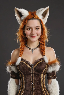 with animalistic fox features, adorned with fur and whiskers, fox ears and tail, full-body image