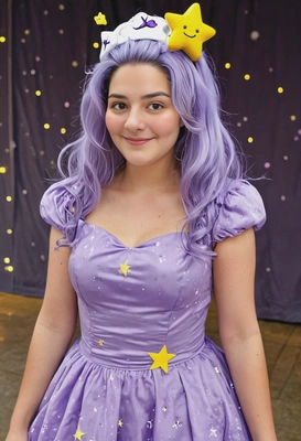 dressed as Lumpy Space Princess from Adventure time, purple hair, a fluffy lush lilac dress, a yellow star on the forehead, blurry lights in the background, full-body image