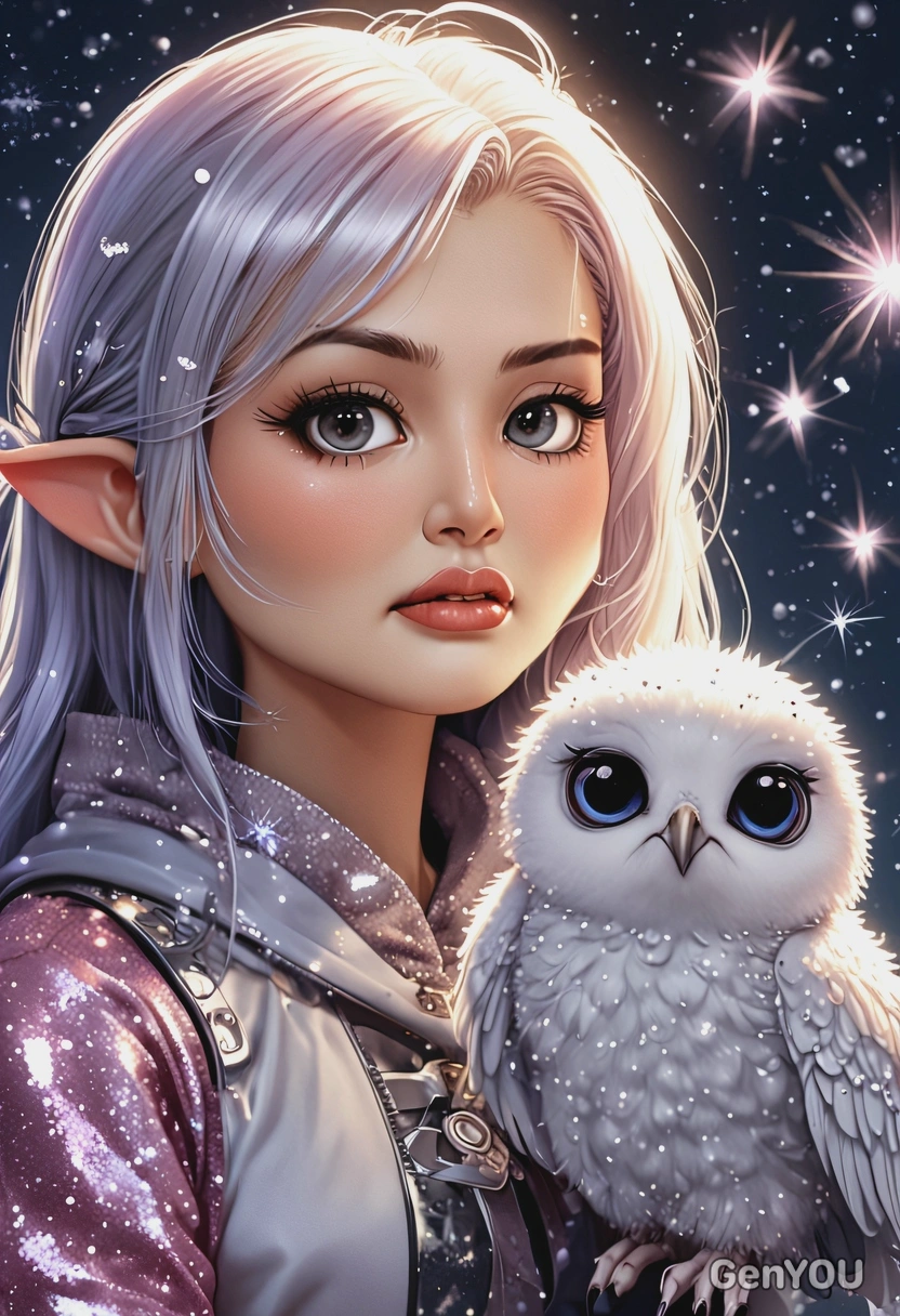 interacting with a cute magical creature, surrounded by sparkles, anime style, big eyes, manga drawing