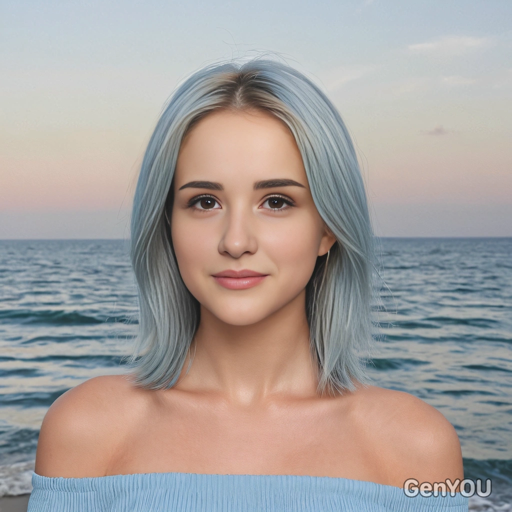 sleek, mid-length hair in soft powder blue with subtle darker roots, against a calming ocean-inspired background