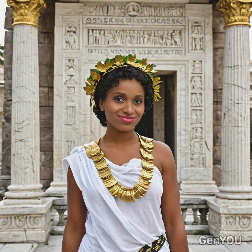 As a Roman goddess, wearing a toga with golden laurel wreaths, standing on a marble platform with a grand, ancient temple behind