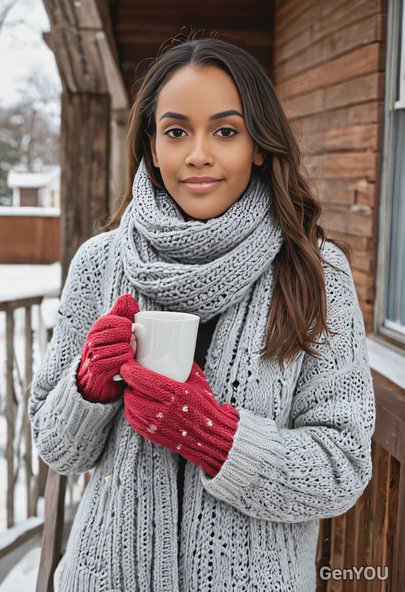 on a porch, wrapped in a knit scarf and mittens, holding a warm mug