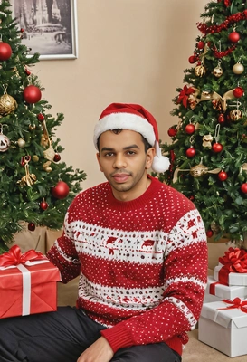 in a festive sweater and Santa hat, sitting by a Christmas tree while eagerly unwrapping a gift
