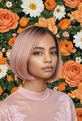 chin-length bob dyed in pastel rose gold with soft orange undertones, styled with blunt ends, set against a vibrant floral background