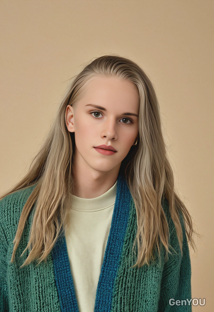 student with long flowing locks, in a chunky green knit cardigan over a beige tee, with a soft smile, mid-shot photo, blue yearbook background