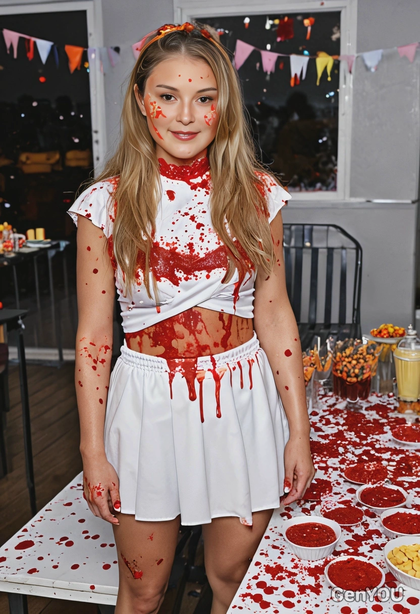 dressed as Carrie, standing by the snack table covered in fake blood and confetti from the party