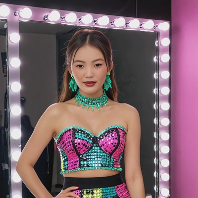 dressed in a neon-colored K-pop stage outfit, standing in front of a wall of mirrors with light-up makeup and bold accessories
