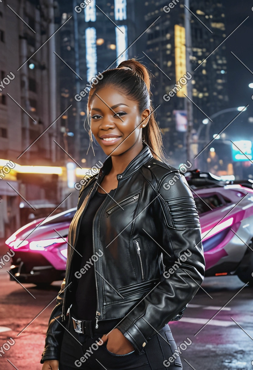 A street racer near a glowing flying hovercar, leather jacket, cyberpunk, half-body, blurred background