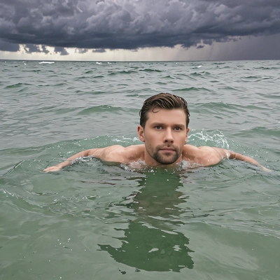 swimming near the surface as a storm rages above