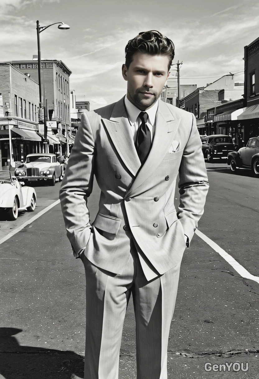 in a 1930s gangster-style suit, standing on a city street corner, with a black and white filter