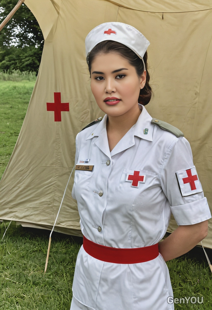 dressed as a World War II nurse, wearing a white uniform with a red cross armband, standing beside a military tent in a field hospital setting