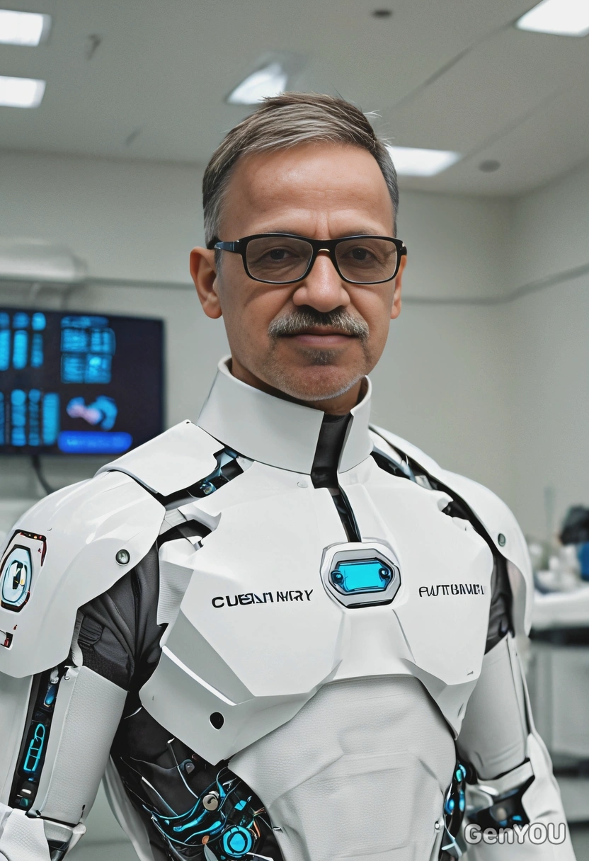 as a futuristic medic with cybernetic enhancements, in futuristic clinic, blurred background, unisex clothes