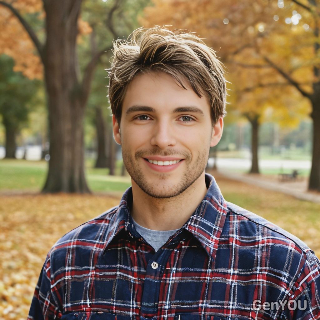 realistic portrait, with a goatee, in a patchwork flannel shirt in a park in fall, soft focus, blurred background, smiling