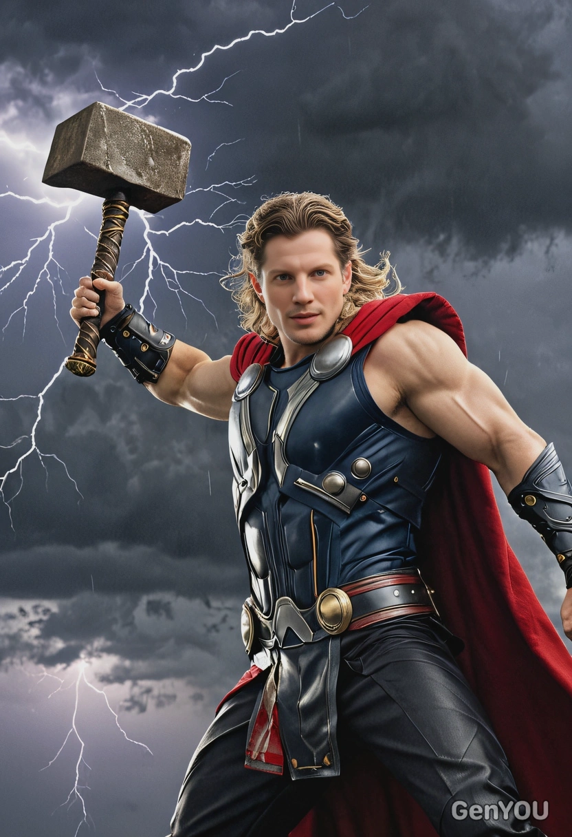 Thor summoning lightning with his hammer, during a thunderstorm