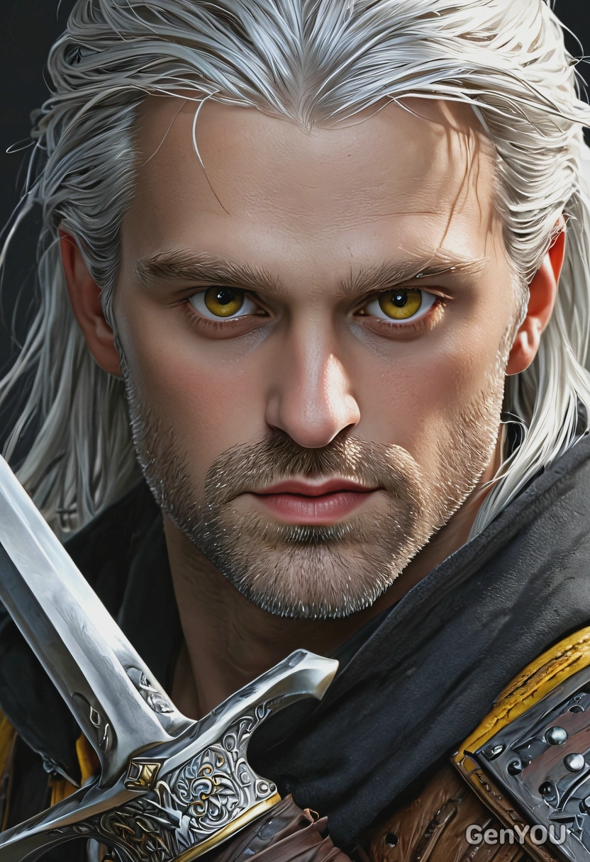 Witcher with a sword, yellow eyes, high-quality art, eyes on you, visible brushstrokes