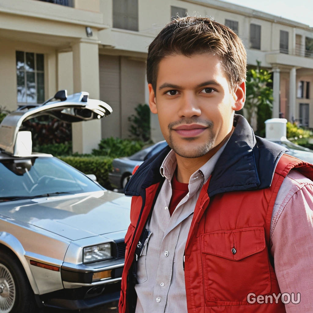 as Marty McFly from Back to the Future, smiling, in a red vest and plain shirt, by the silver DeLorean 
