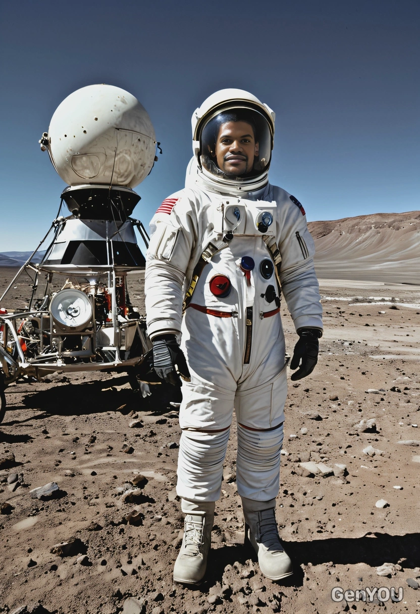 wearing a 1960s space race-era astronaut suit, standing beside a vintage spacecraft on a lunar landscape, with the Earth visible in the distant sky