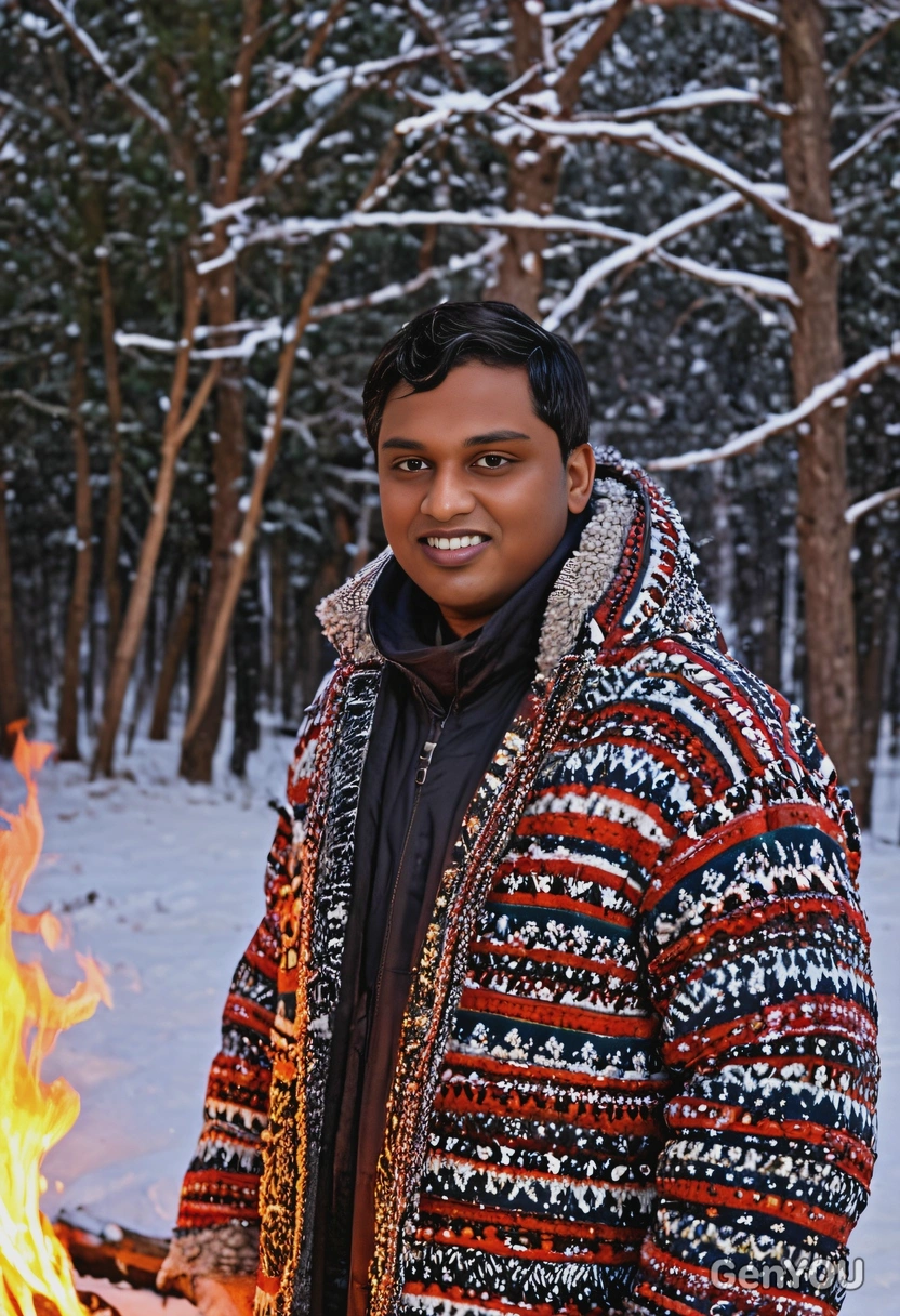 at a Christmas Eve bonfire, wearing a festive winter coat, with warm firelight reflecting on snow-covered trees
