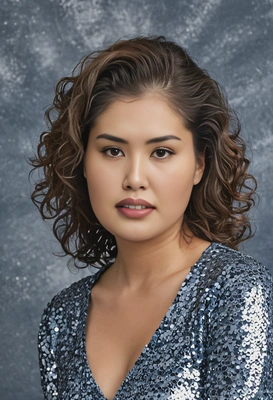 smiling student with soft curls, in a silver sequined top, looking glamorous, murky blue yearbook background