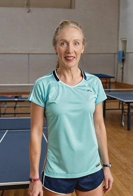 as a table tennis player, standing at a table in a brightly lit indoor sports hall, half body portrait