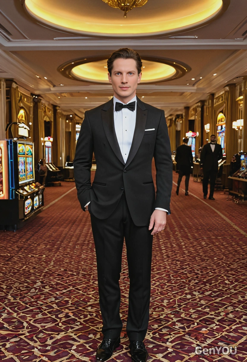 as James Bond from Skyfall, wearing a tailored black tuxedo with a bow tie, confident, standing in a luxurious casino, full body view 