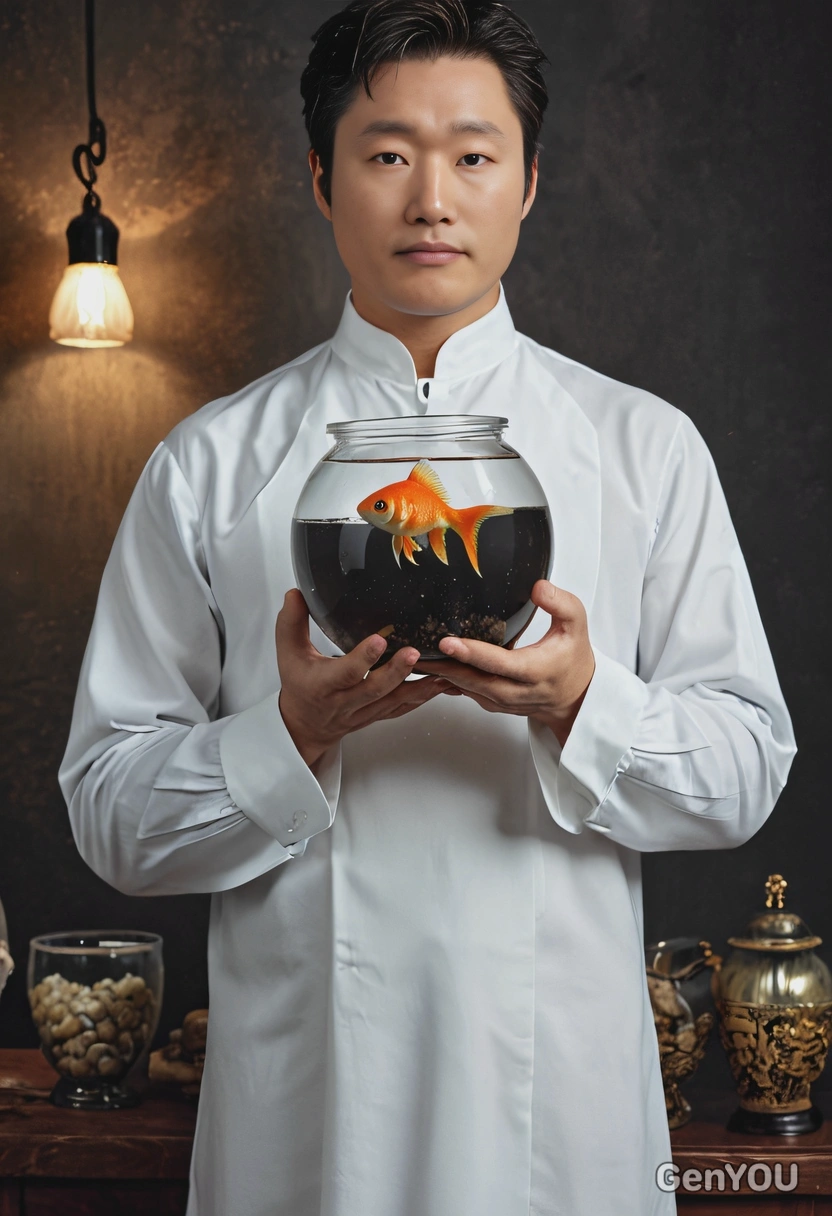 wearing white dress, holding a fishbowl with a goldfish, blurred background, dark cinematographic style