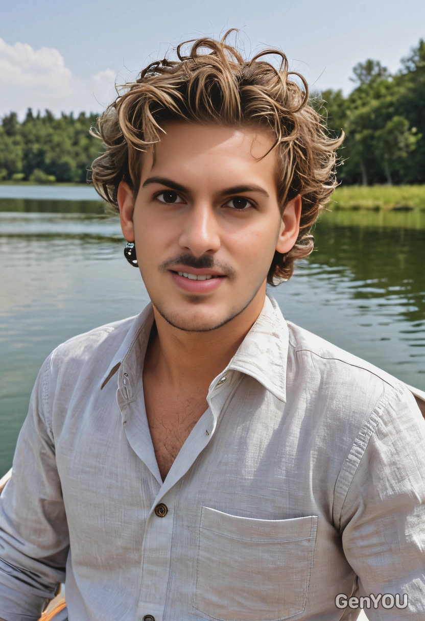 mid-shot, with styled curly hair, wearing a linen shirt, on a small boat with a lake in the background