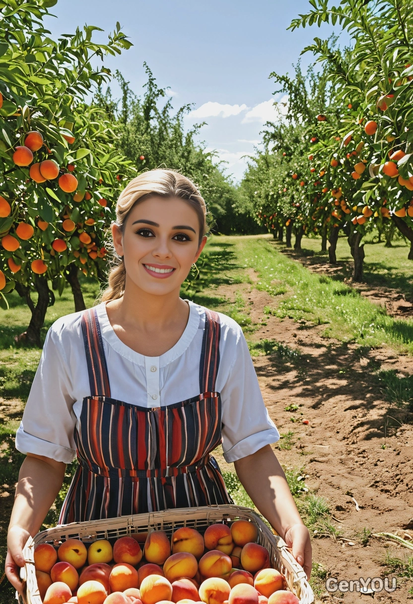 as a fruit picker in an orchard, with a basket of fresh peaches, under the summer sun