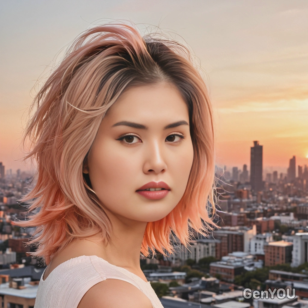 layered shag cut in pastel peach and coral tones, styled with soft texture, with a golden-hour cityscape in the background