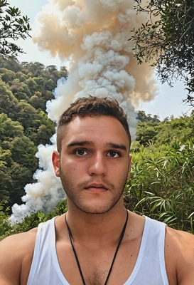 eu com um fundo da natureza e com fumaça