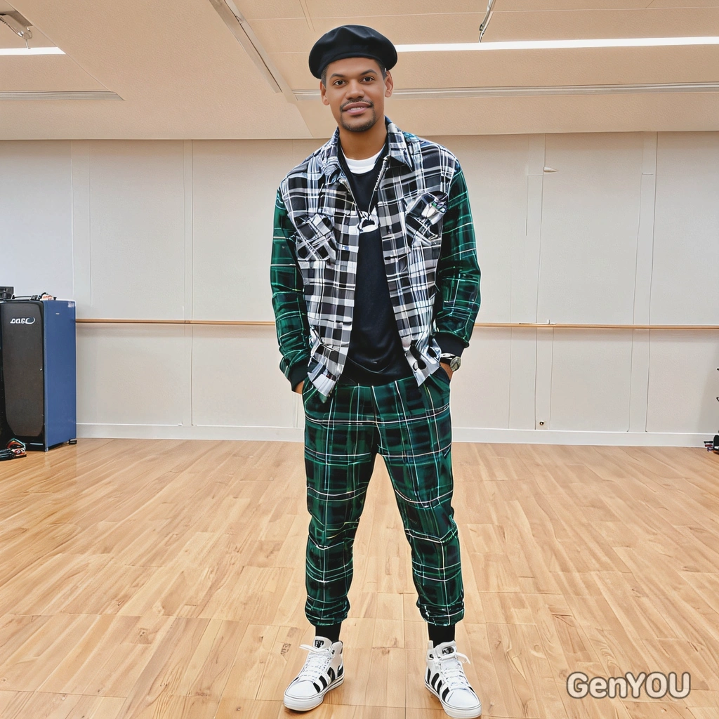 wearing a trendy plaid outfit with a beret and high-top sneakers, standing in a bright, energetic K-pop dance practice room