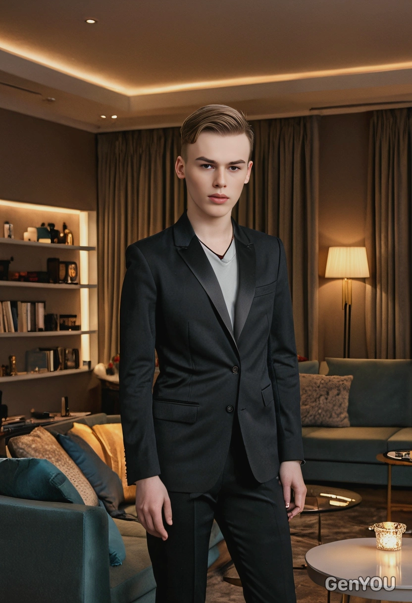 standing in a dimly lit lounge with ambient lighting, wearing a sophisticated outfit