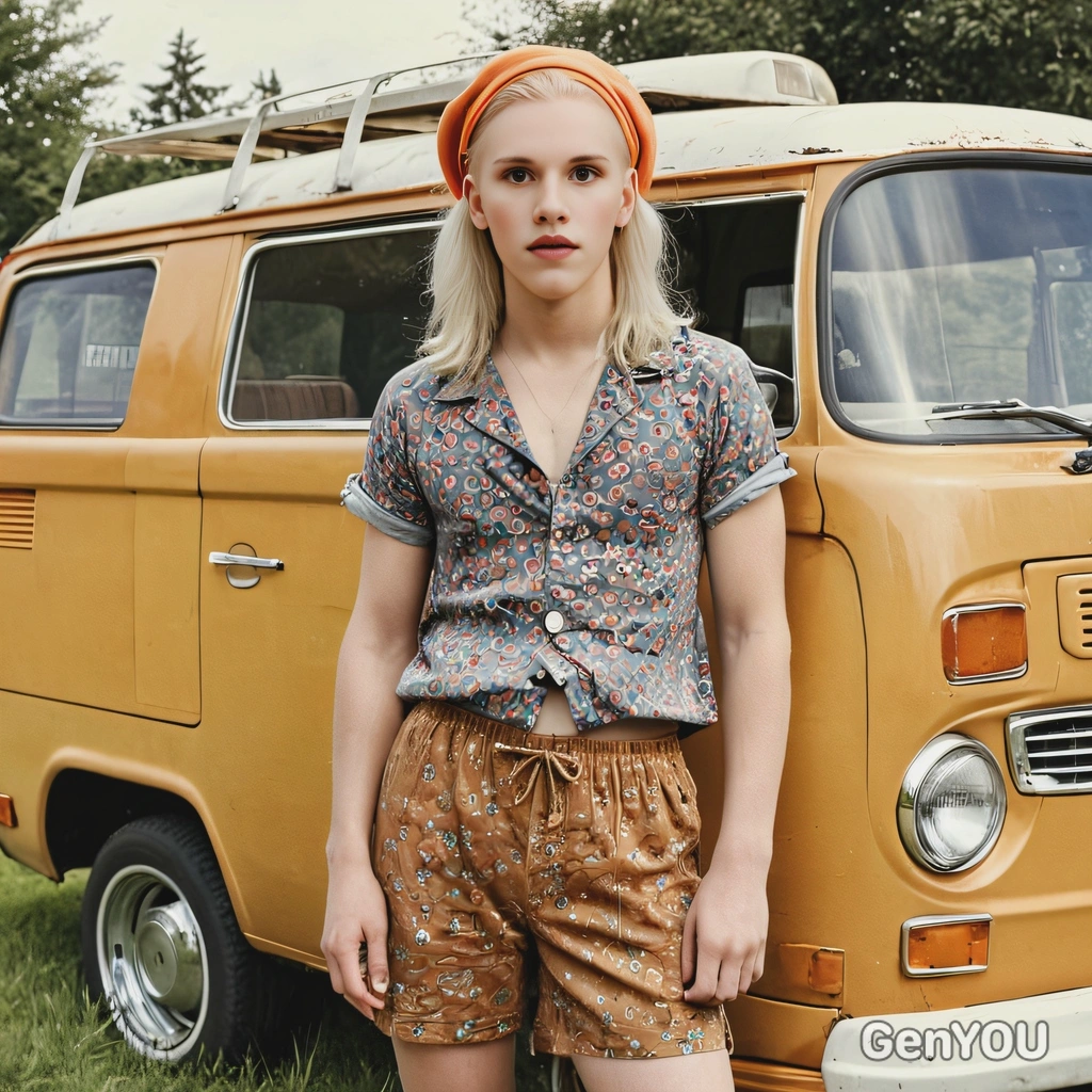 in 1960s hippie outfit, standing beside a vintage van, captured in faded color
